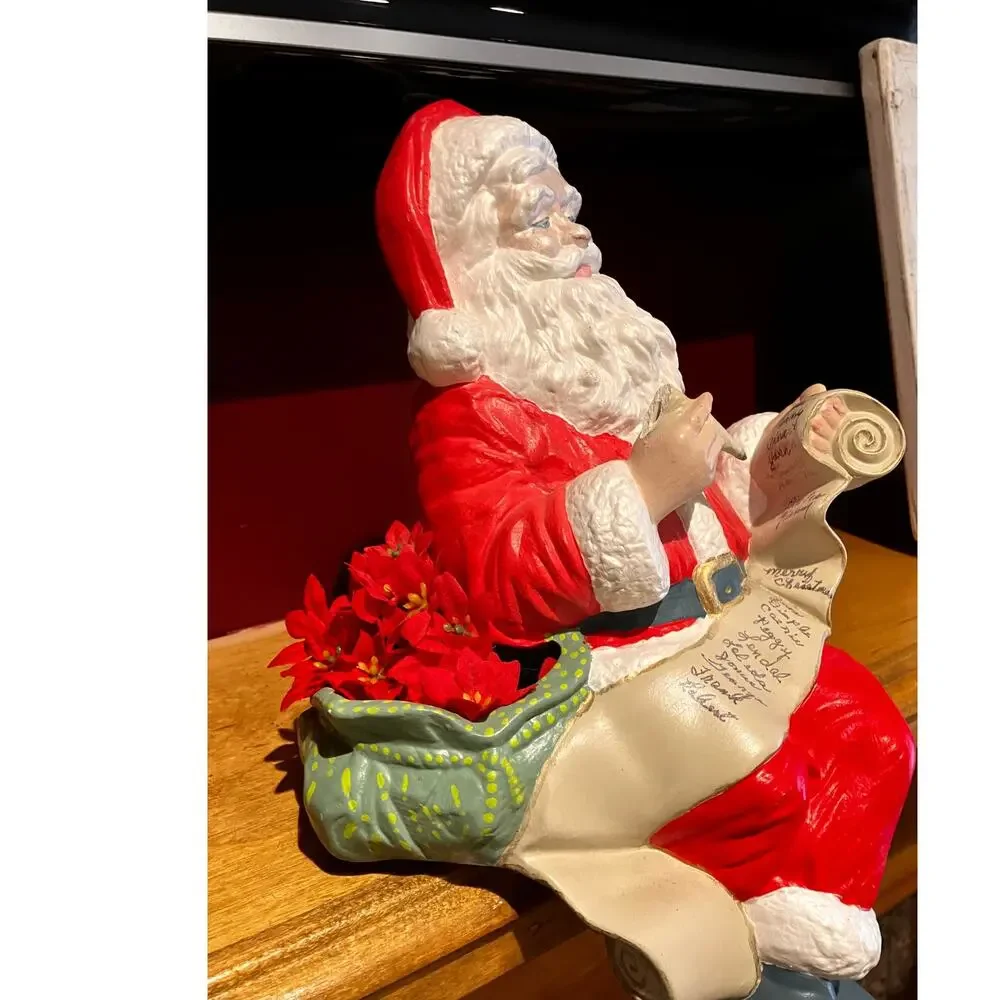 Santa Sitting Decor SANTAS LIST Mantlepiece Poinsettias Vintage‎ Statue Figure